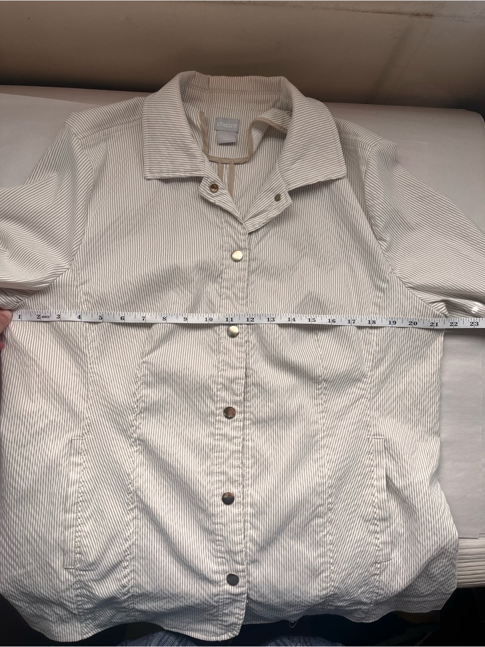 Chico's Cream and Gold Seersucker Button-Front Jacket 3 - Picture 10 of 11